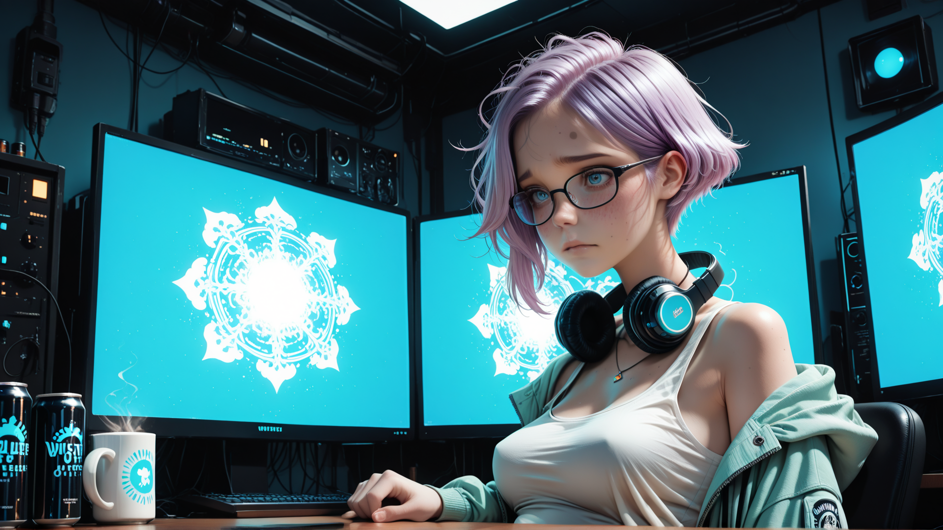 AI generated wallpaper featuring person, headphones, monitors, mug, cans, jacket, glasses