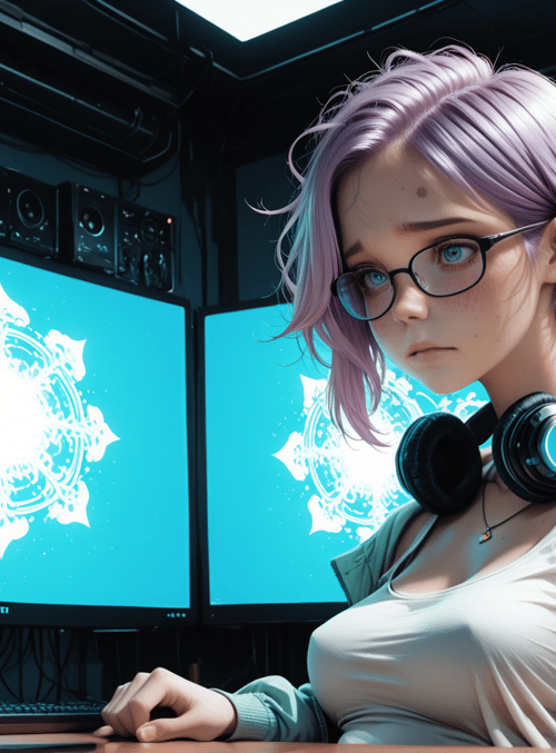 person, headphones, monitors, mug, cans, jacket, glasses