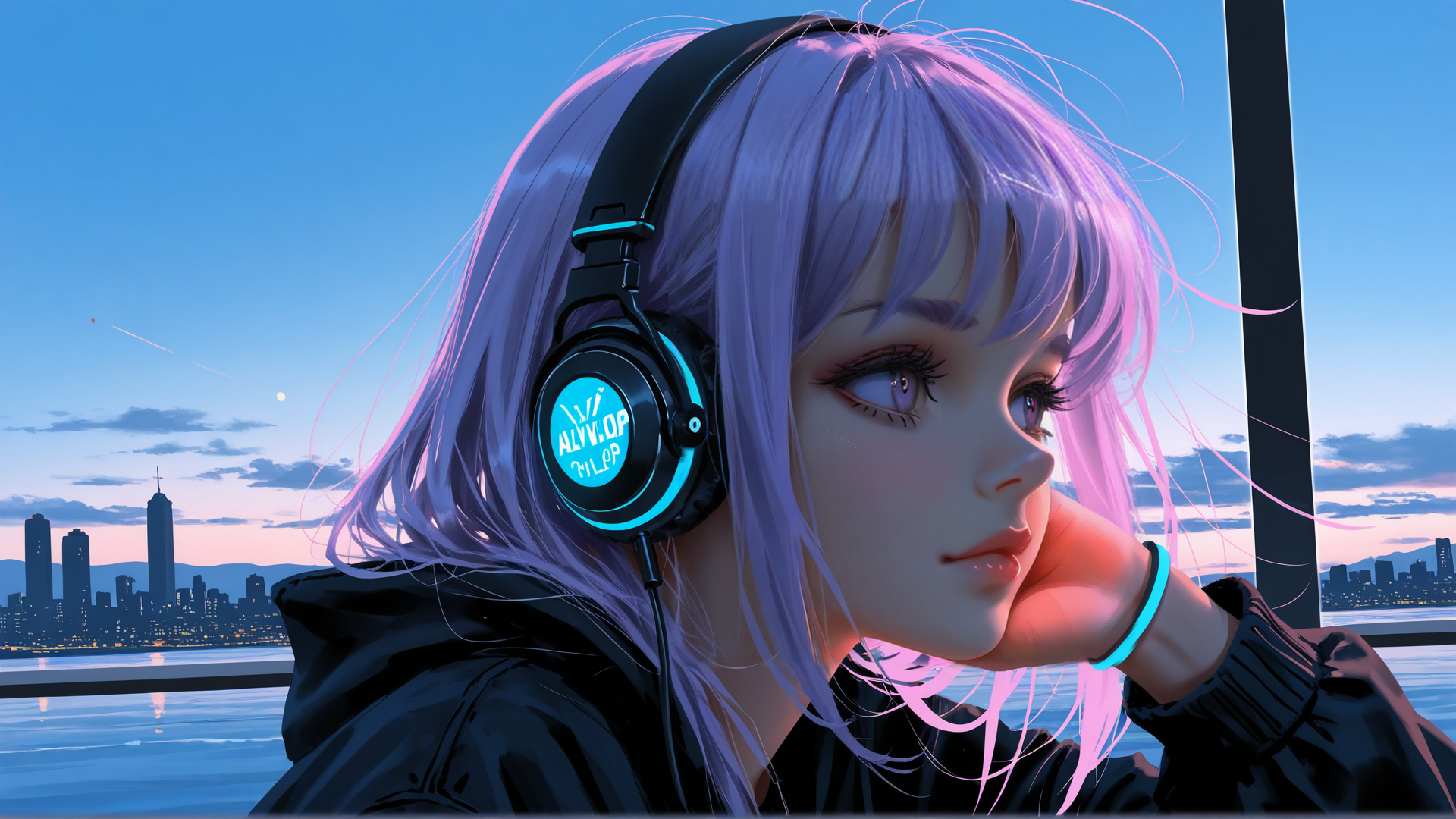 AI generated wallpaper featuring girl, headphones, cityscape