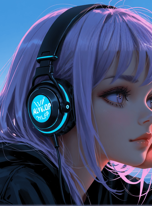 girl, headphones, cityscape