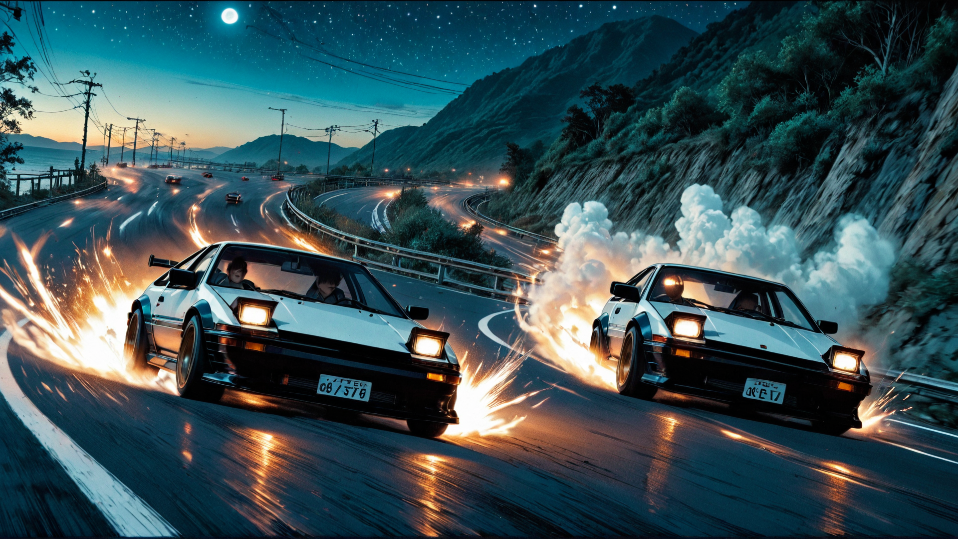 AI generated wallpaper featuring car, road, mountain, moon, stars, spark, smoke, license plate, driver, power
