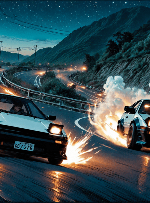 car, road, mountain, moon, stars, spark, smoke, license plate, driver, power