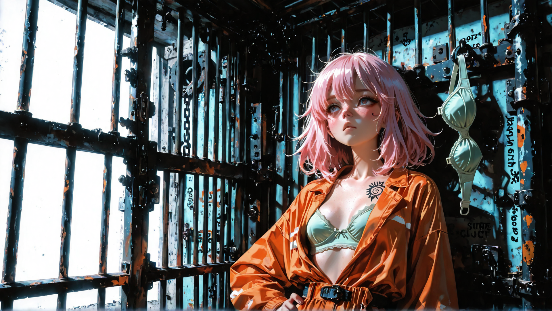 AI generated wallpaper featuring pink hair, orange jacket, bra, tattoo, barbed wire