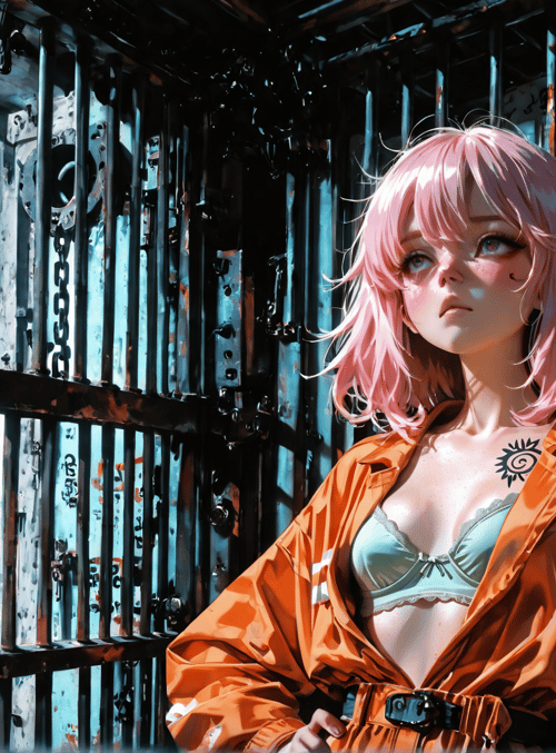 pink hair, orange jacket, bra, tattoo, barbed wire