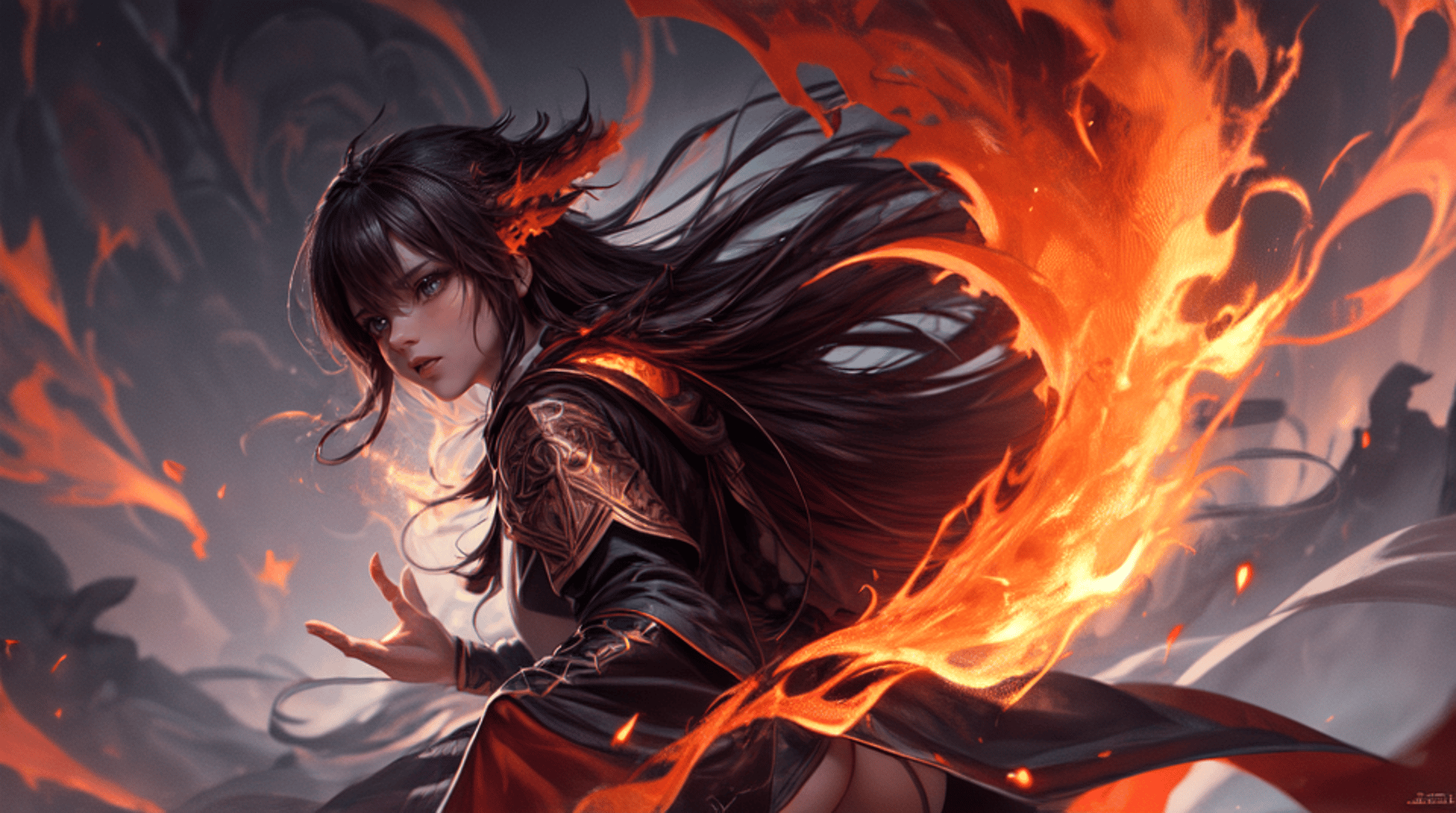 AI generated wallpaper featuring woman, fire, armor