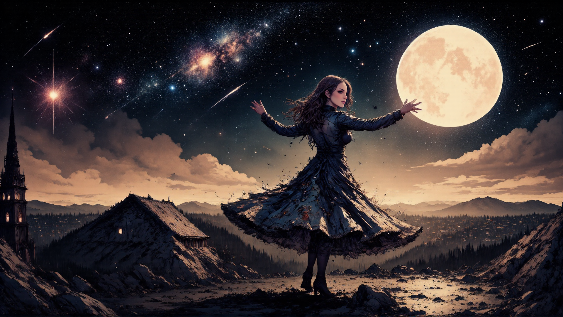 AI generated wallpaper featuring woman, moon, sky