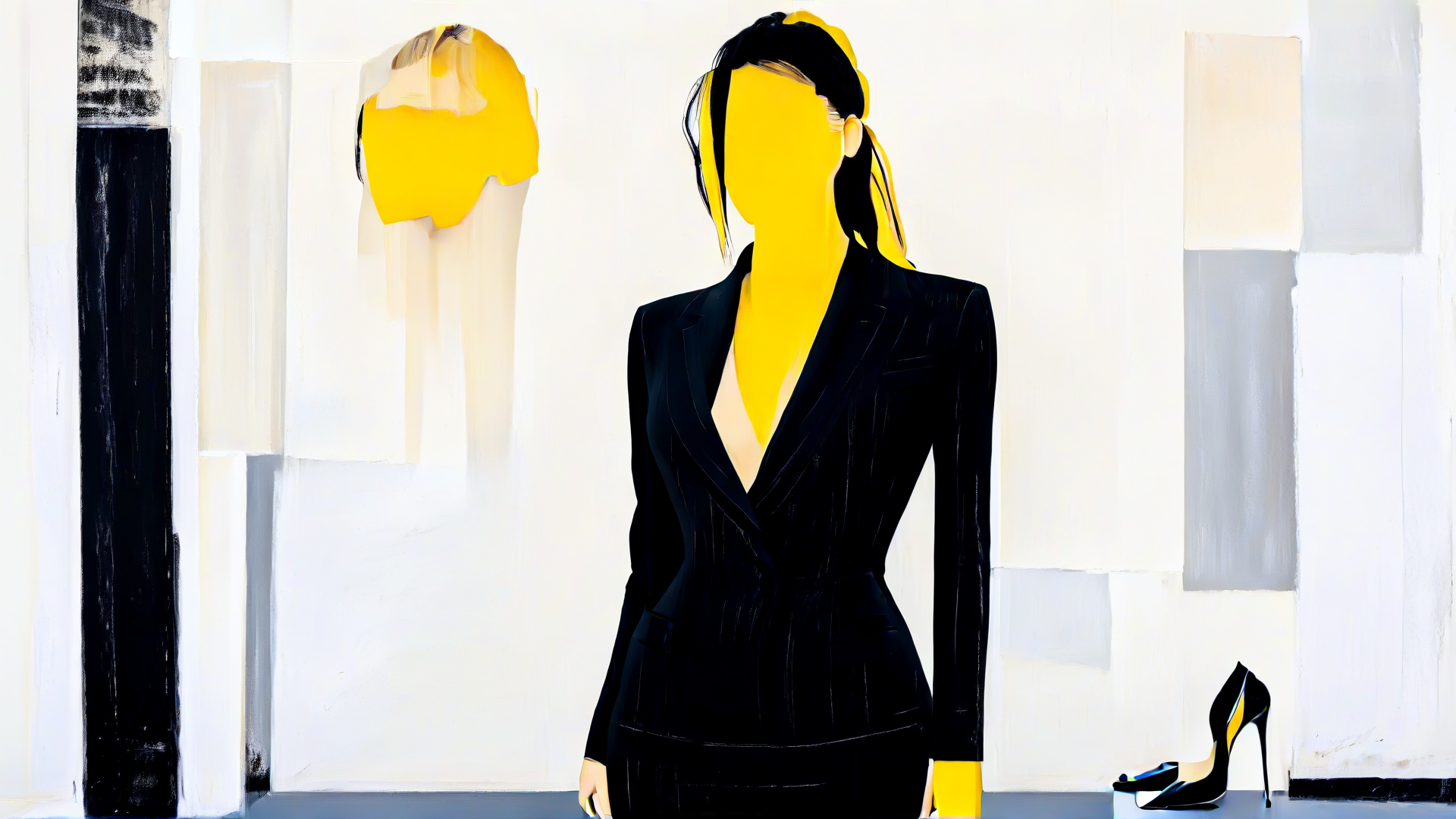 AI generated wallpaper featuring woman, suit, shoe