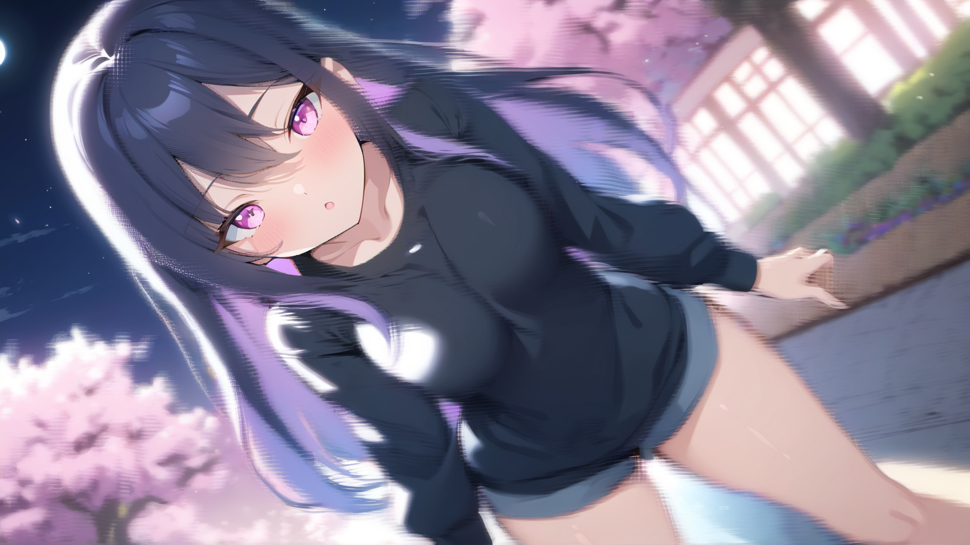 AI generated wallpaper featuring girl, cherry blossoms, building