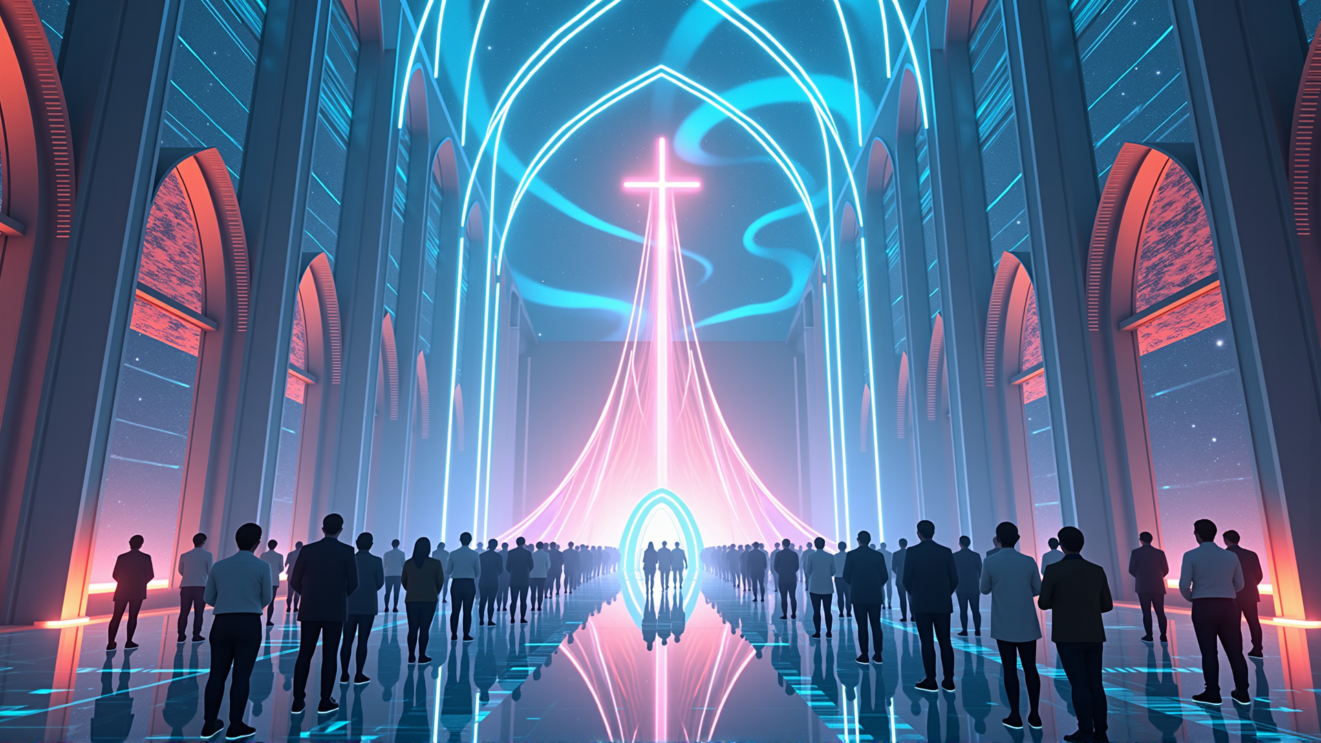 AI generated wallpaper featuring people, cross, church, neon, arches, silhouette, light, gloves, reflection, stars