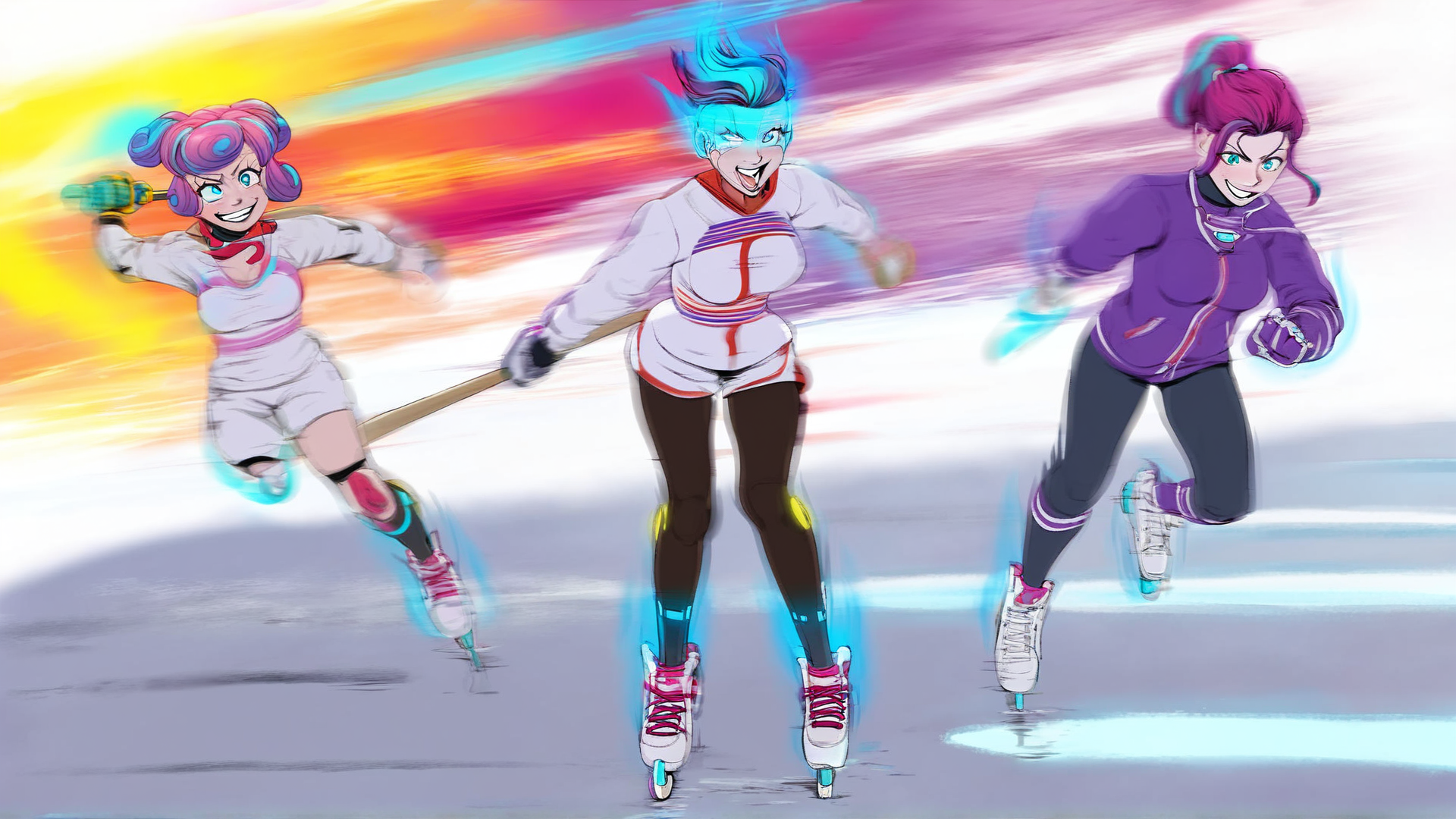 AI generated wallpaper featuring skaters, anime girls, speed, ice, rollerskates