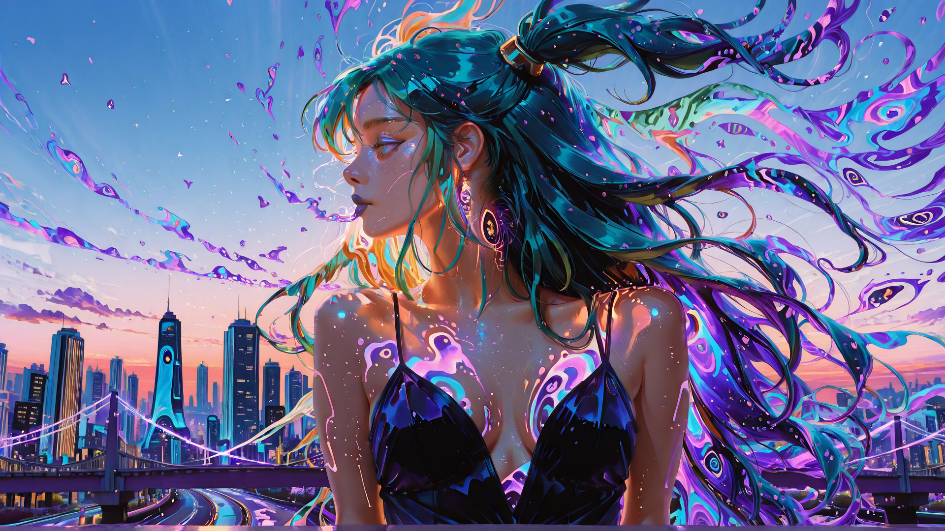AI generated wallpaper featuring woman, cityscape, hair, sunset, bridge, buildings, aurora, particles, eclipse, sky