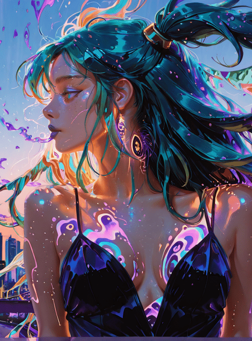 woman, cityscape, hair, sunset, bridge, buildings, aurora, particles, eclipse, sky
