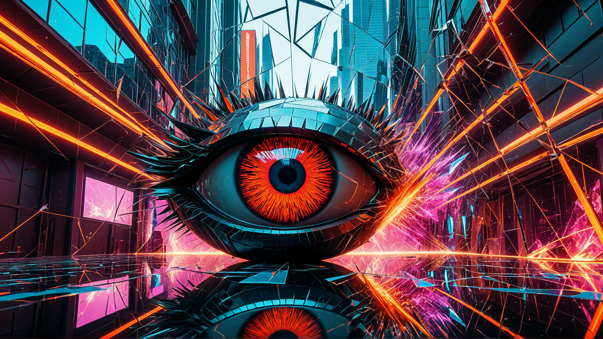 AI generated wallpaper featuring eye, cityscape, neon, building, reflection