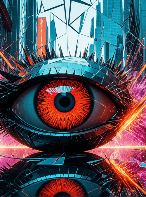 eye, cityscape, neon, building, reflection