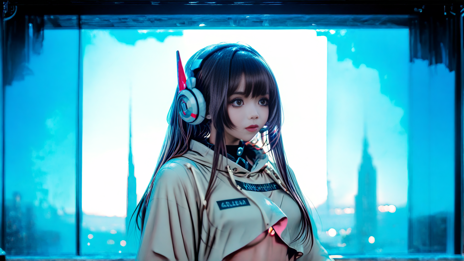AI generated wallpaper featuring anime girl, cyberpunk, headset