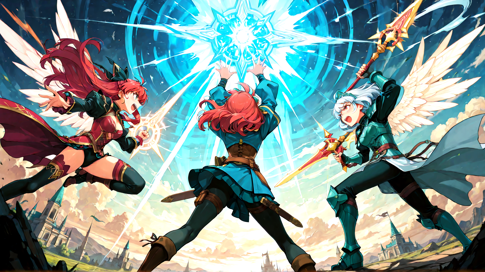 AI generated wallpaper featuring angel, warrior, mage, sword, shield, crystal, castle, wings, armor, magic