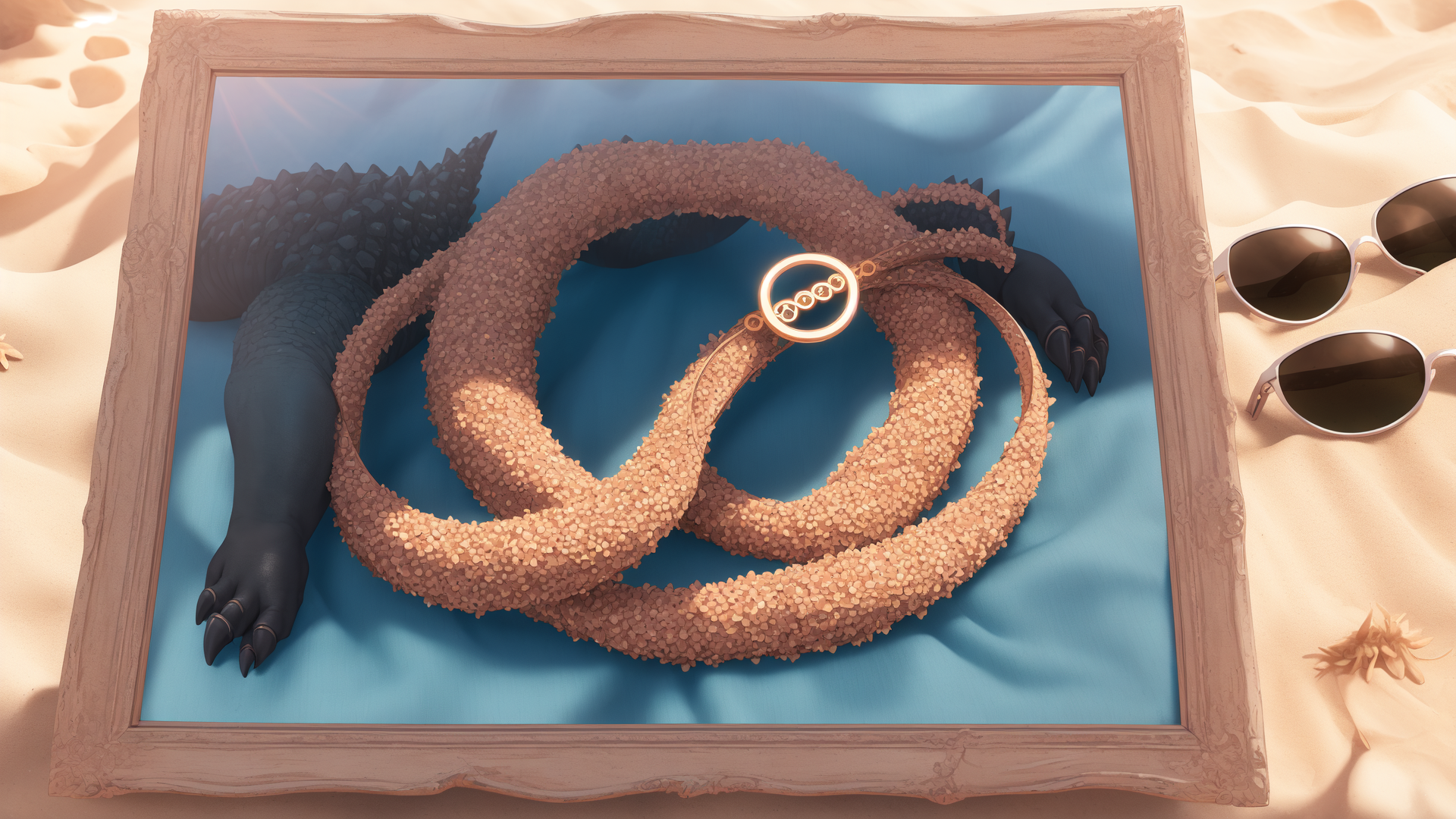 AI generated wallpaper featuring alligator, sand, necklace