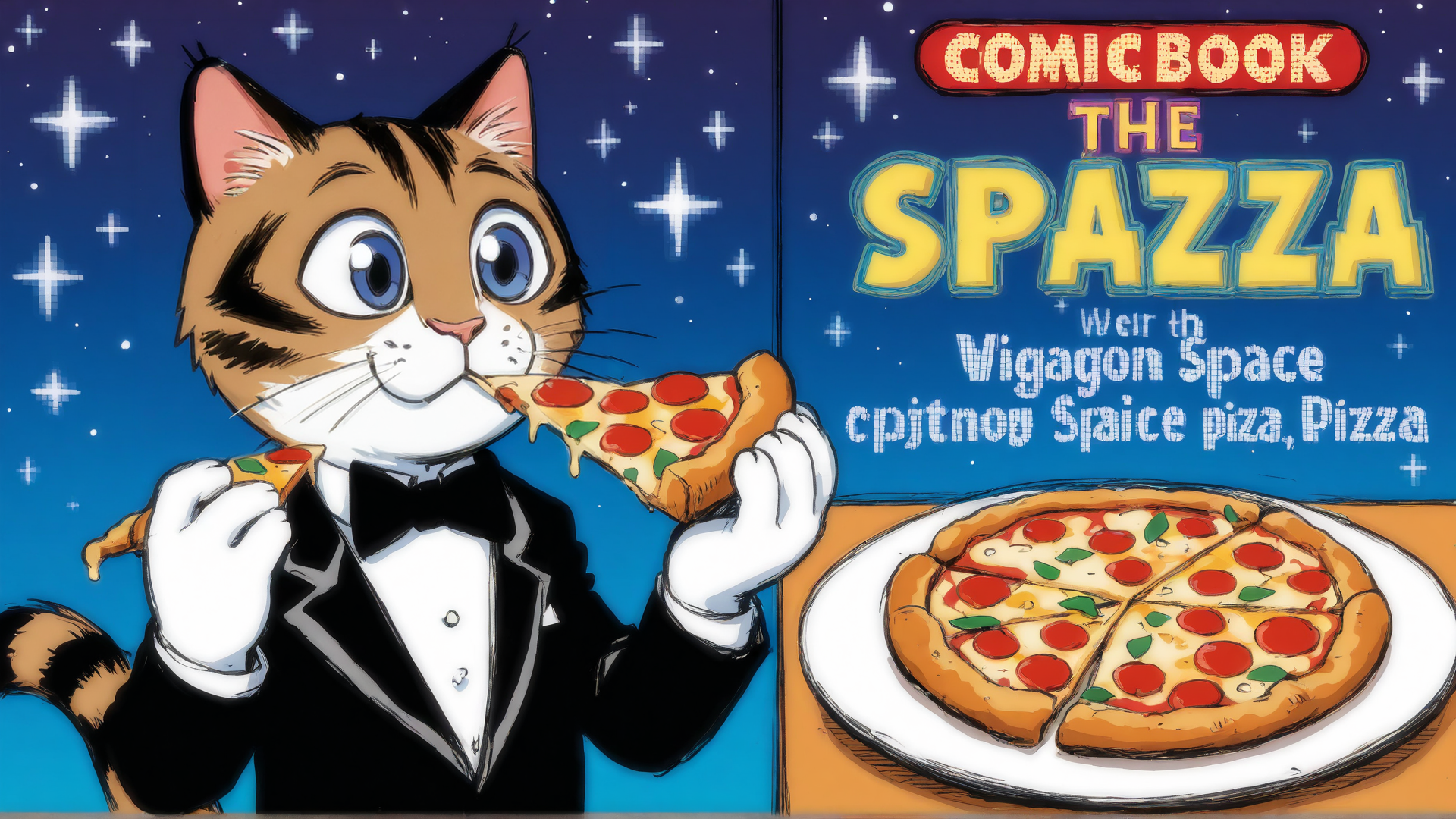AI generated wallpaper featuring cat, pizza, comic