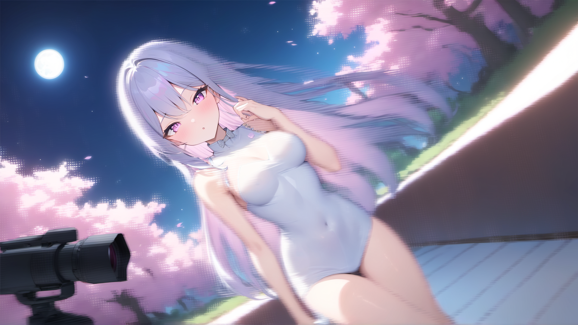 AI generated wallpaper featuring anime girl, cherry blossoms, camera
