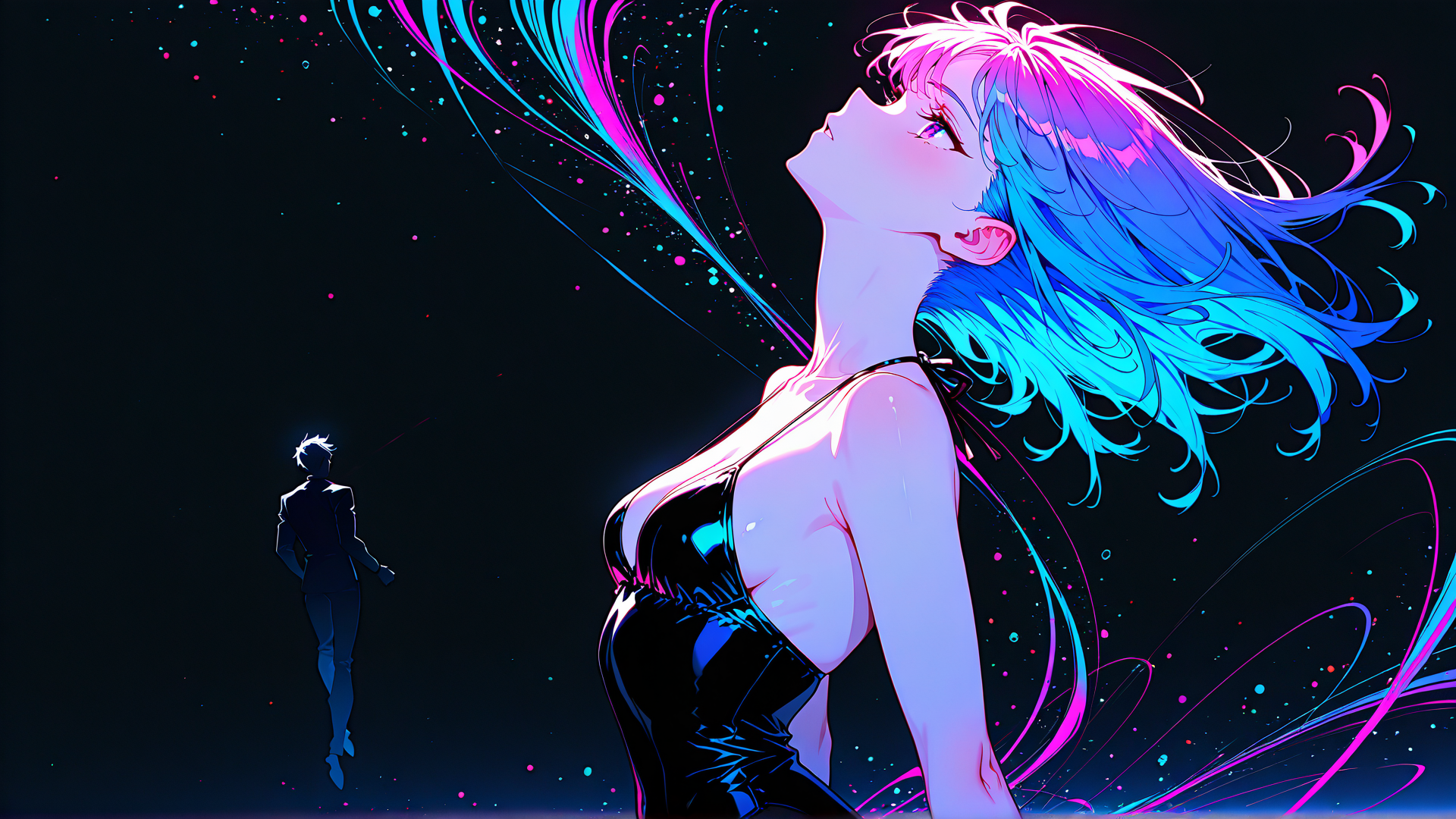 AI generated wallpaper featuring anime girl, silhouette, neon lights