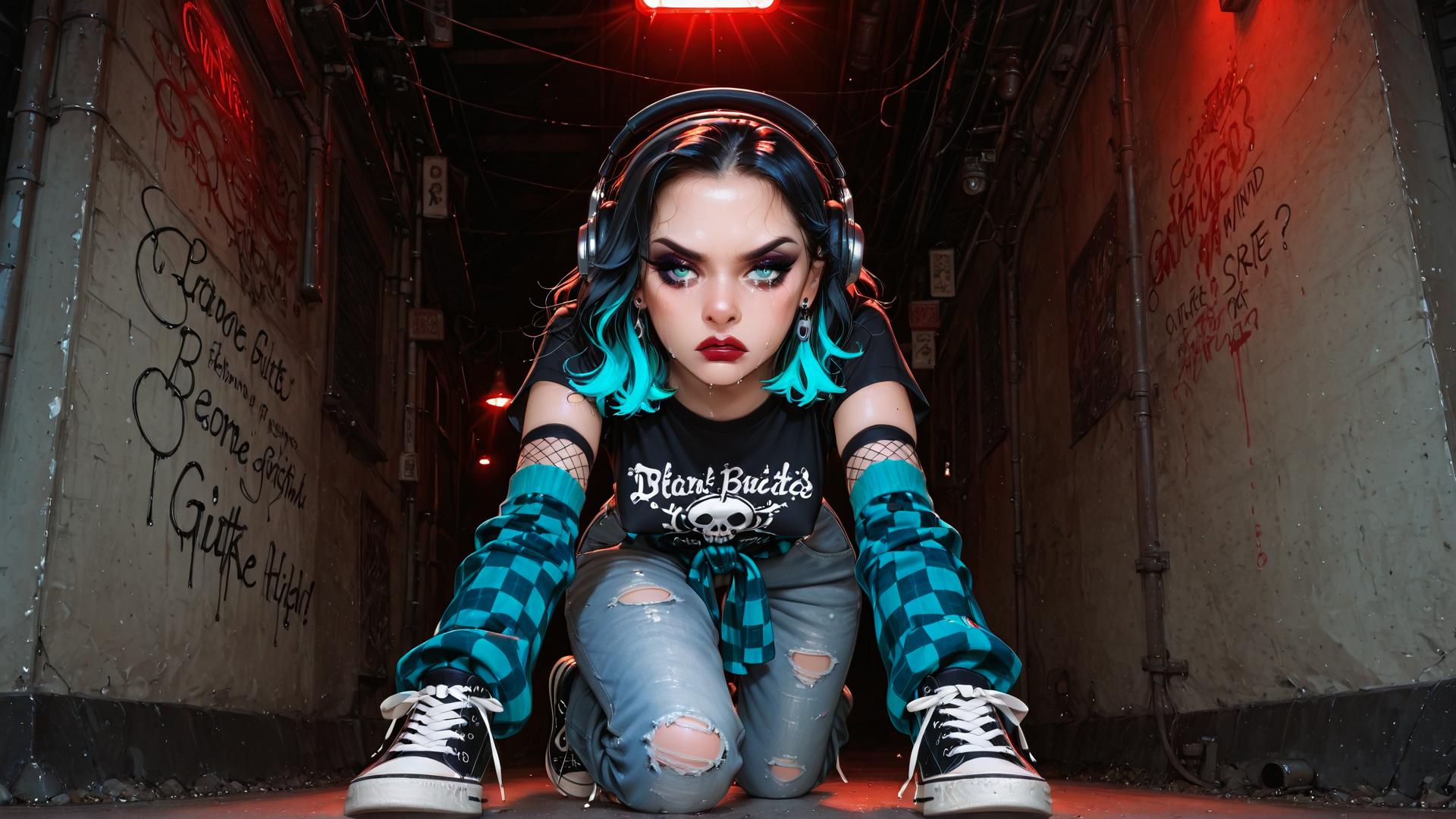 AI generated wallpaper featuring girl, headphones, graffiti, jeans, t-shirt, sneakers, skull, checkered, street, urban