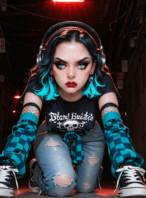 girl, headphones, graffiti, jeans, t-shirt, sneakers, skull, checkered, street, urban