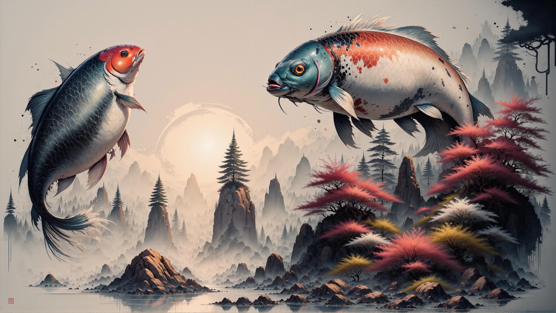 AI generated wallpaper featuring fish, mountain, tree