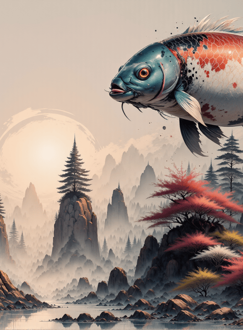 fish, mountain, tree
