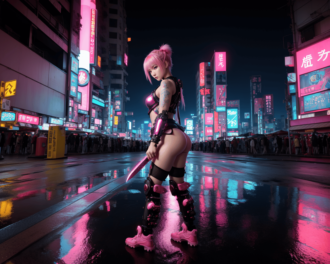 AI generated wallpaper featuring cyberpunk, girl, sword
