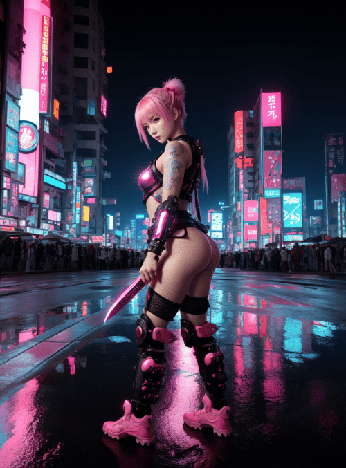 cyberpunk, girl, sword