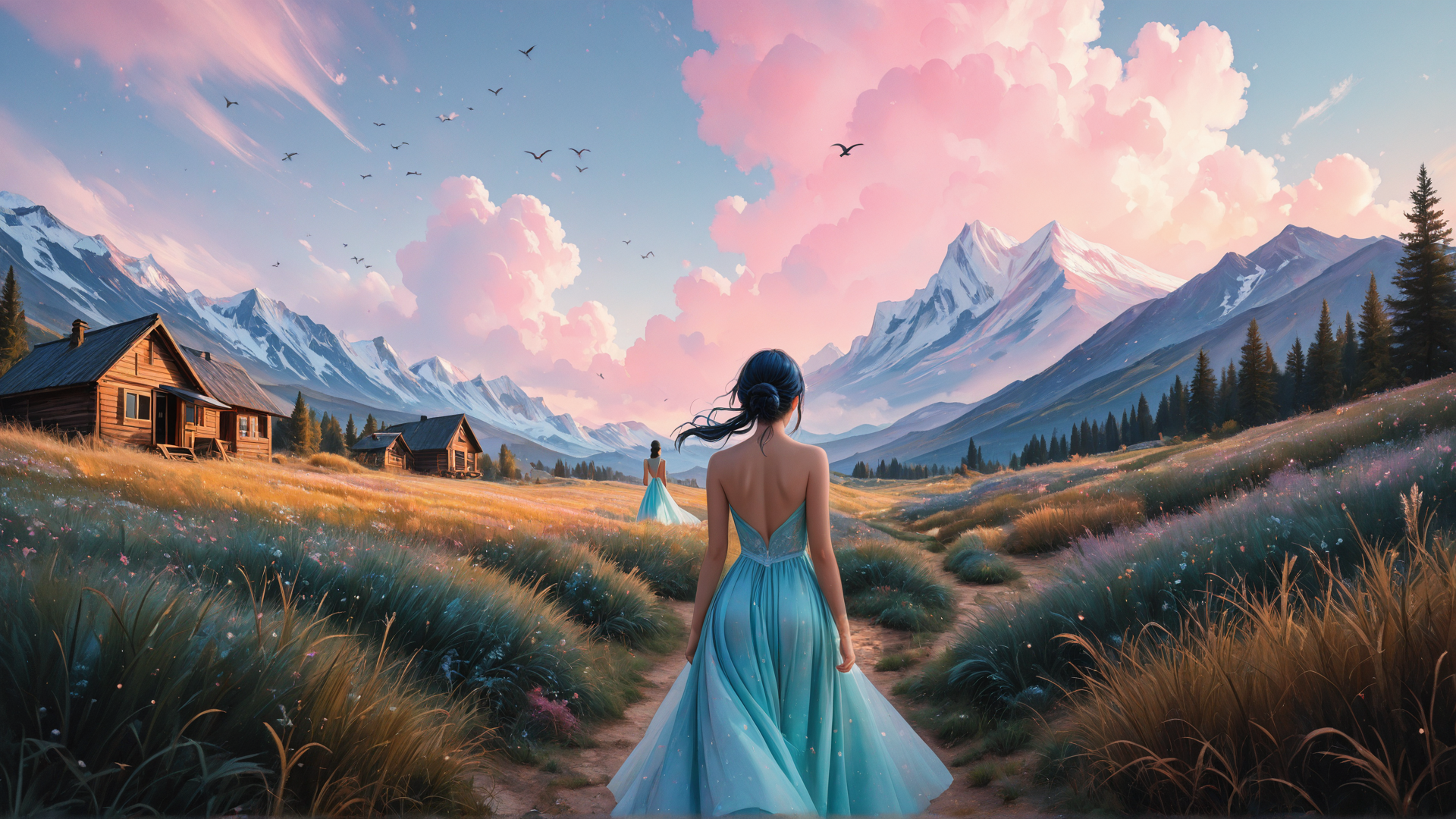 AI generated wallpaper featuring woman, mountains, house