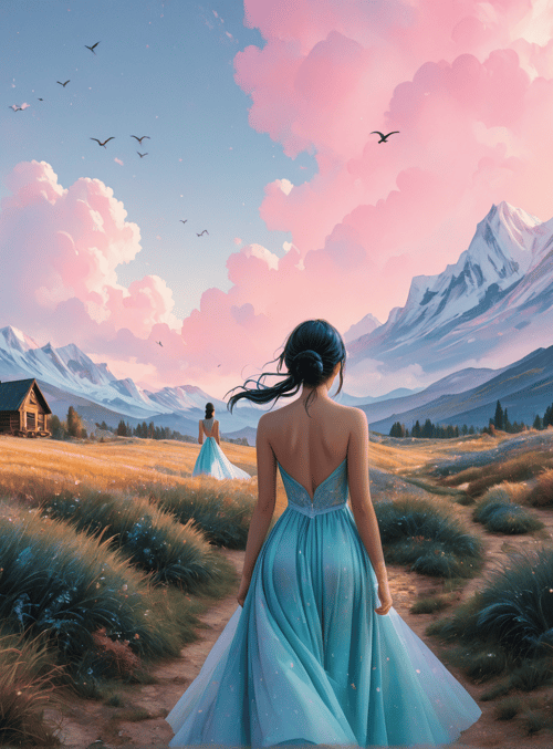 woman, mountains, house