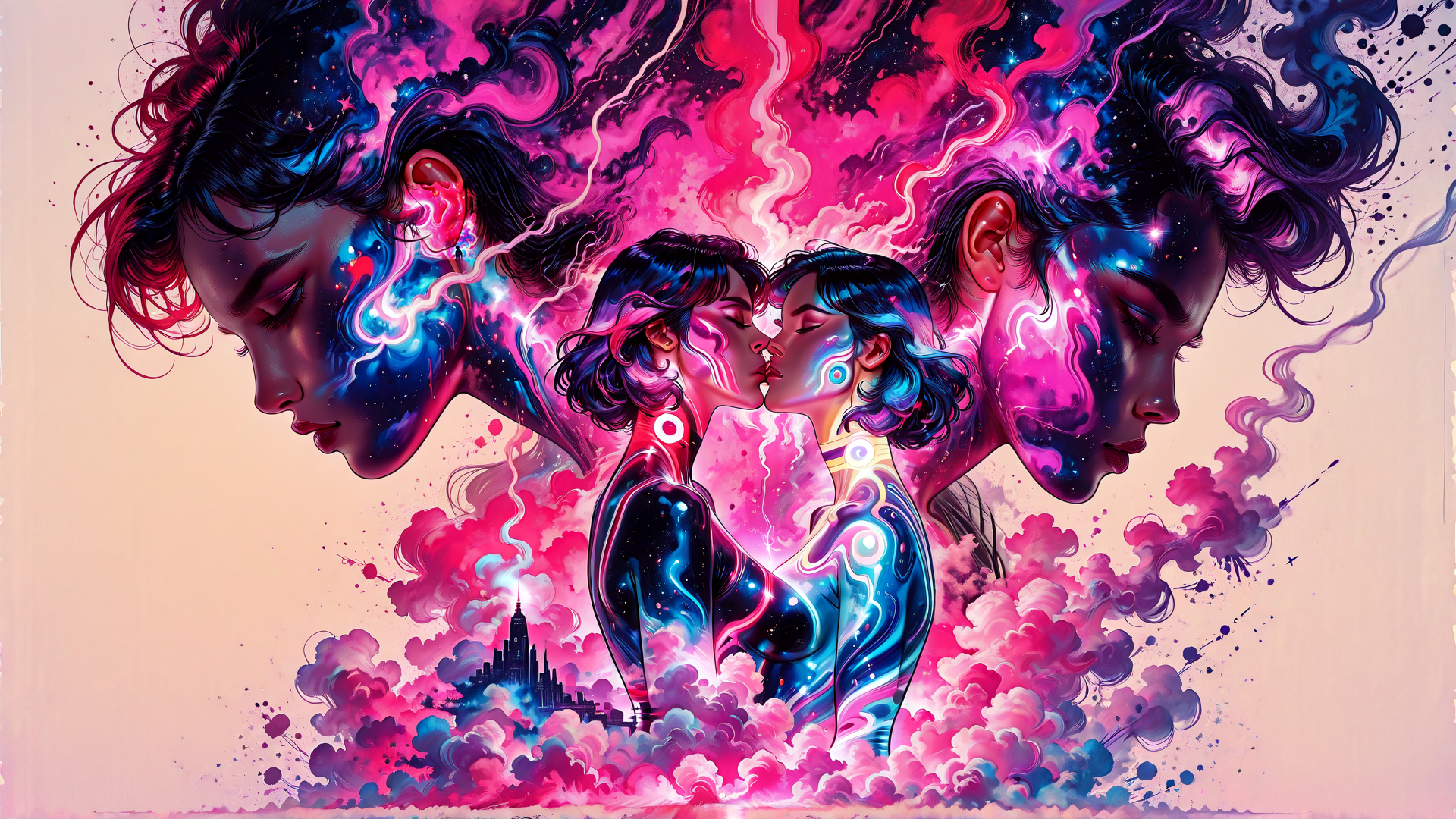 AI generated wallpaper featuring couple, surreal faces, cosmic bodies, cityscape, glowing patterns