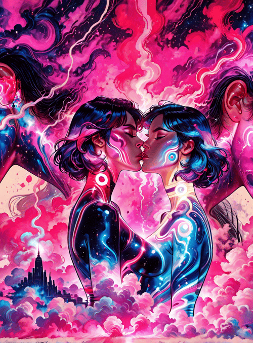 couple, surreal faces, cosmic bodies, cityscape, glowing patterns