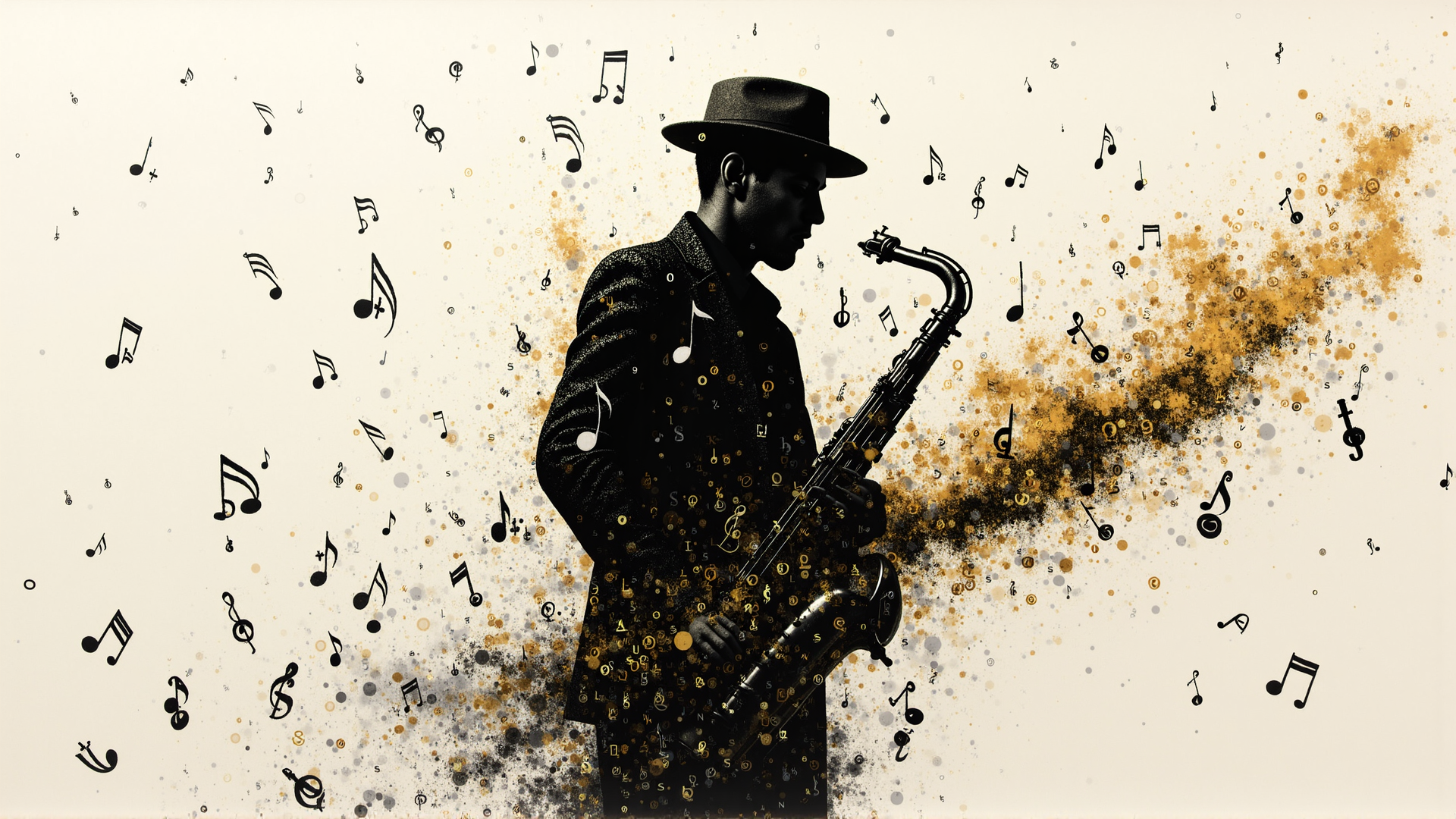 AI generated wallpaper featuring saxophonist, music notes, silhouette, hat, jazz