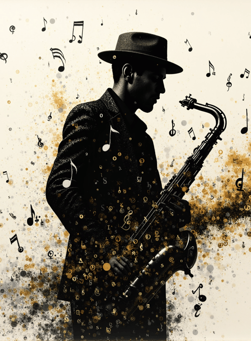 saxophonist, music notes, silhouette, hat, jazz