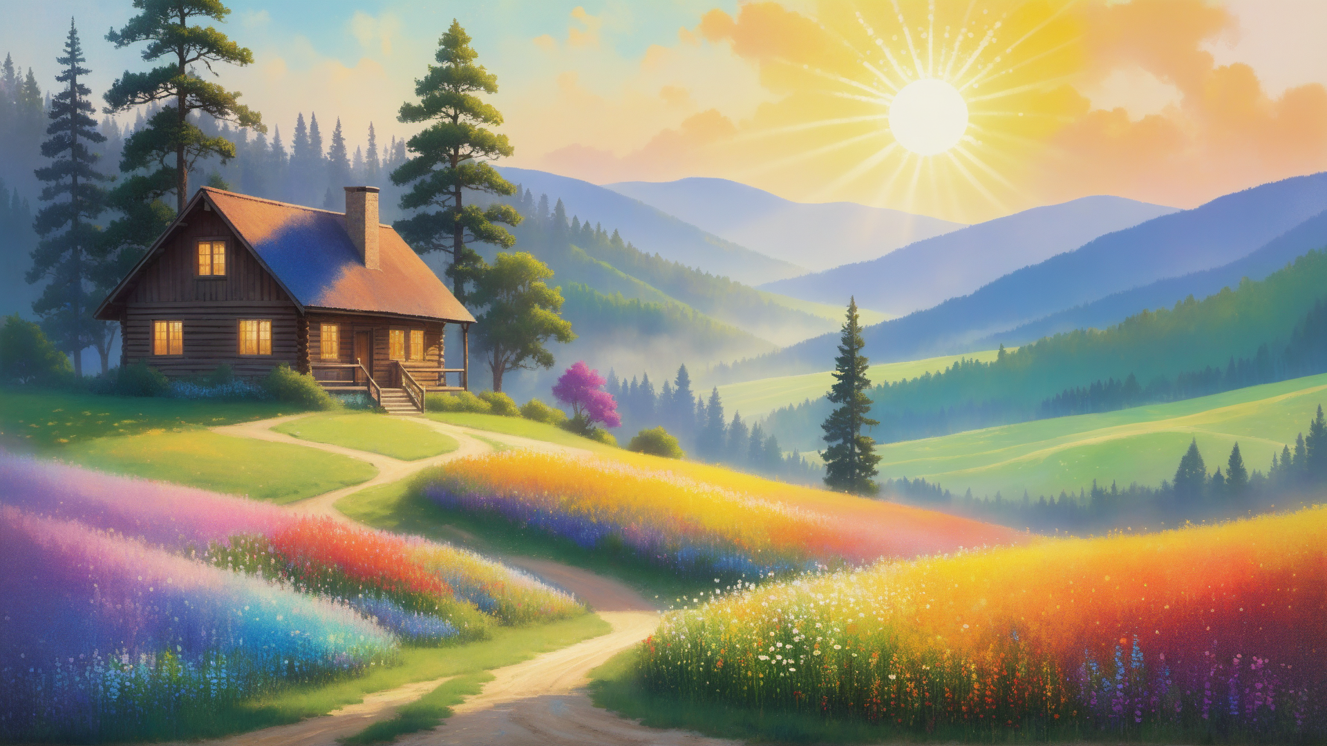 AI generated wallpaper featuring house, flowers, mountains, trees, path