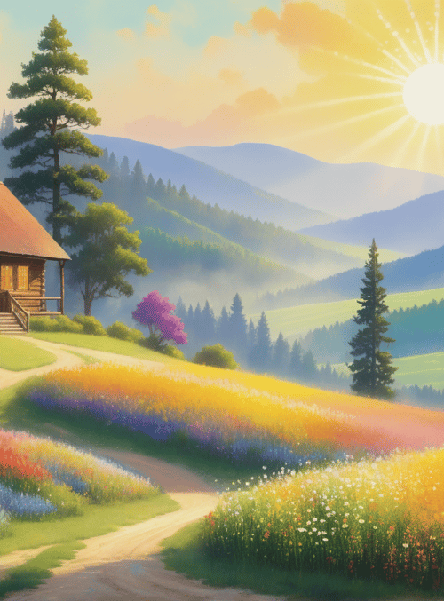 house, flowers, mountains, trees, path
