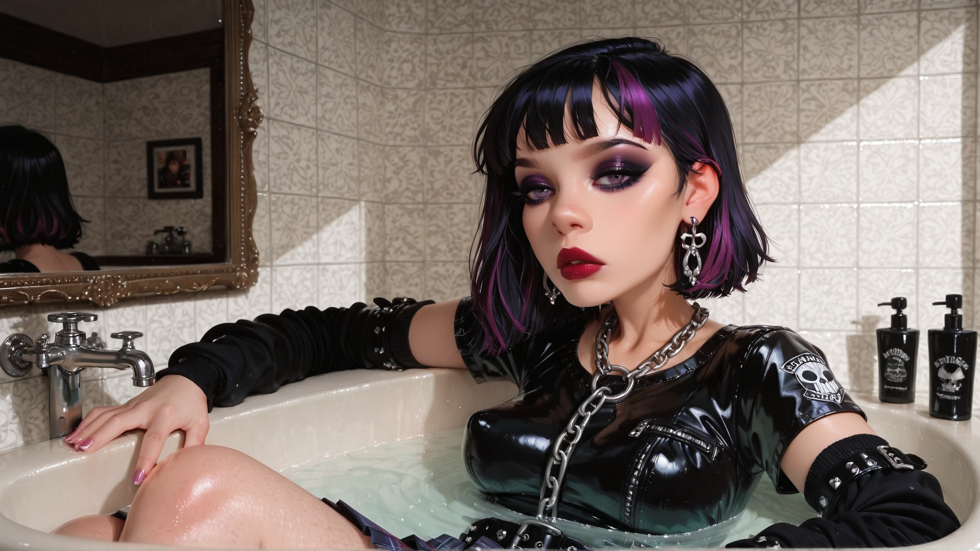 AI generated wallpaper featuring woman, bathtub, chain, earrings, mirror, tiles, skull patch, bathroom, hair, water