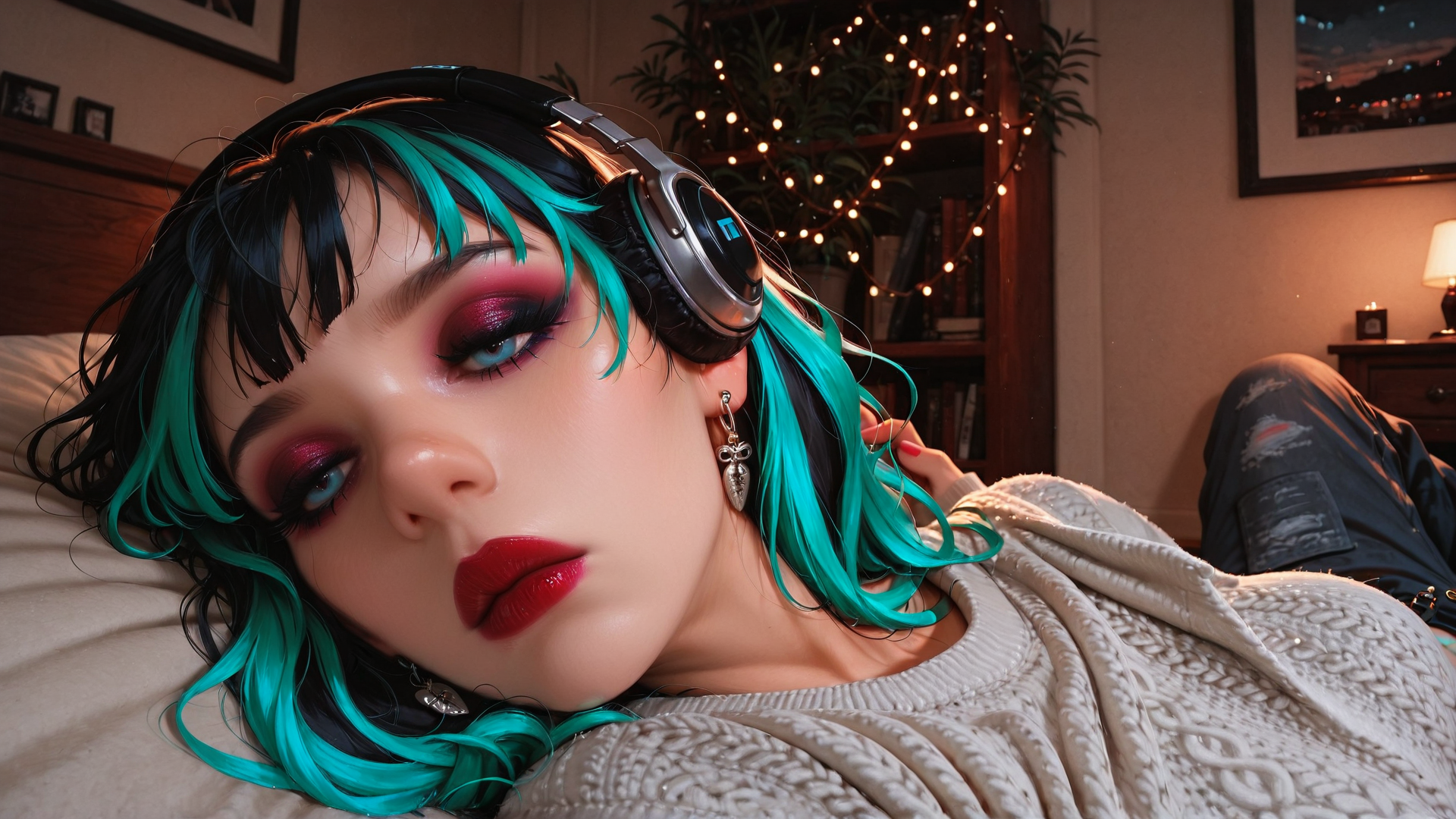 AI generated wallpaper featuring person, headphones, hair, ears, eyebrows, lips, earrings, sweater, bed, books