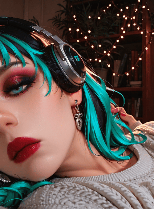 person, headphones, hair, ears, eyebrows, lips, earrings, sweater, bed, books