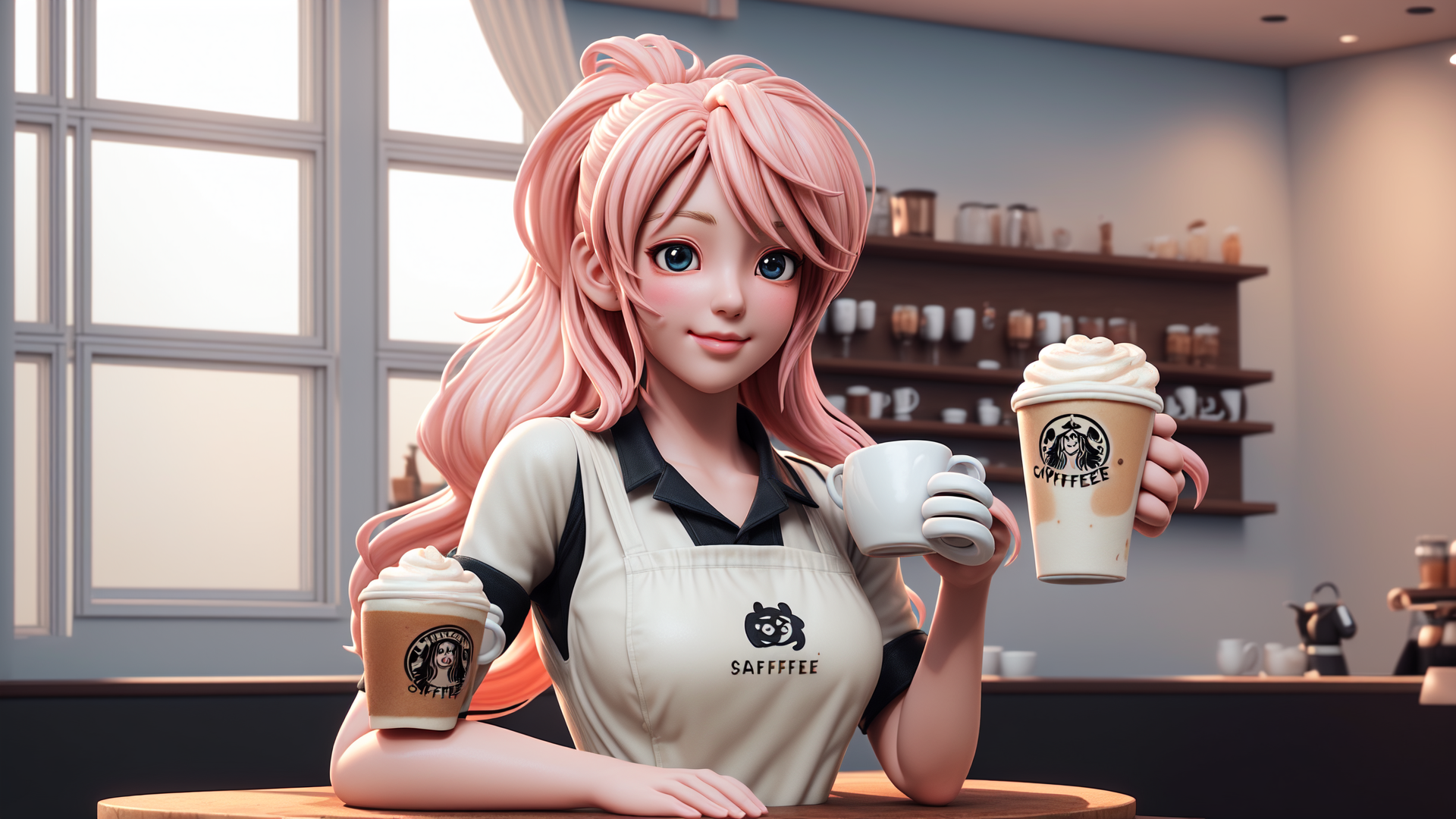 AI generated wallpaper featuring woman, coffee, barista, apron, cup, mug, cafe, coffee shop, syrup, sugar