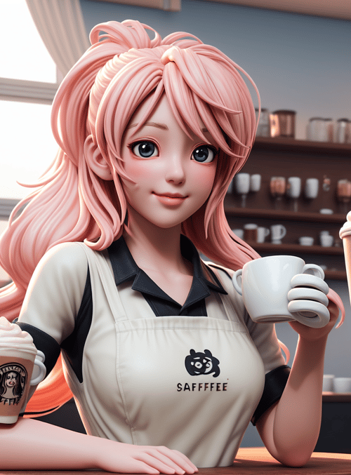 woman, coffee, barista, apron, cup, mug, cafe, coffee shop, syrup, sugar