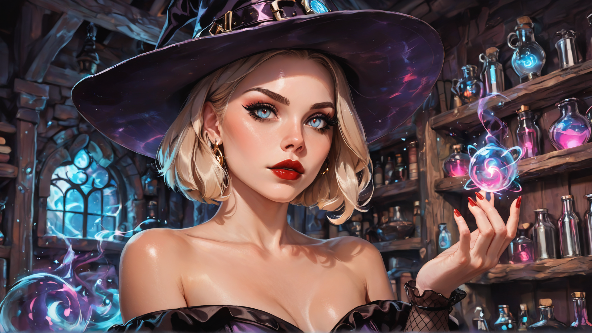 AI generated wallpaper featuring witch, wizard, hat, bottle, magic, shelves, window, candle, gloves, book