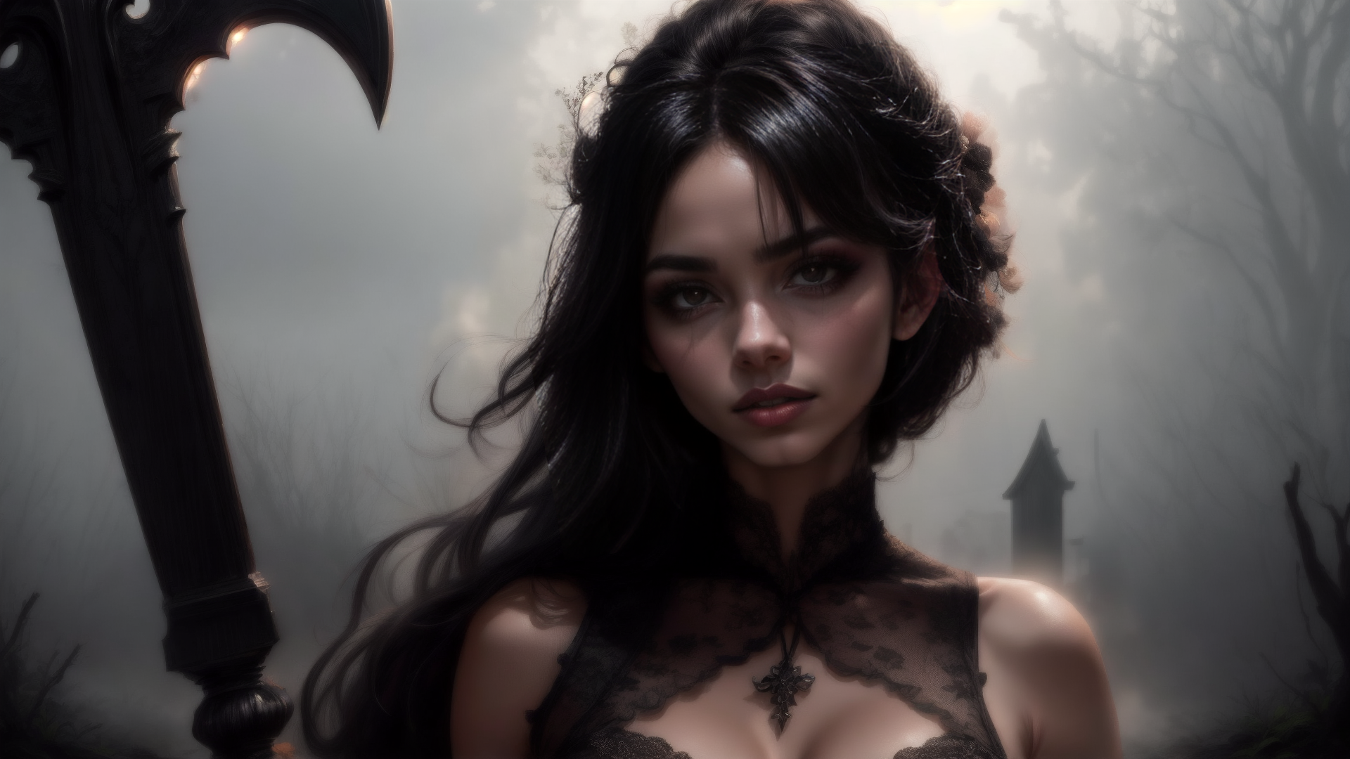AI generated wallpaper featuring woman, sword, trees