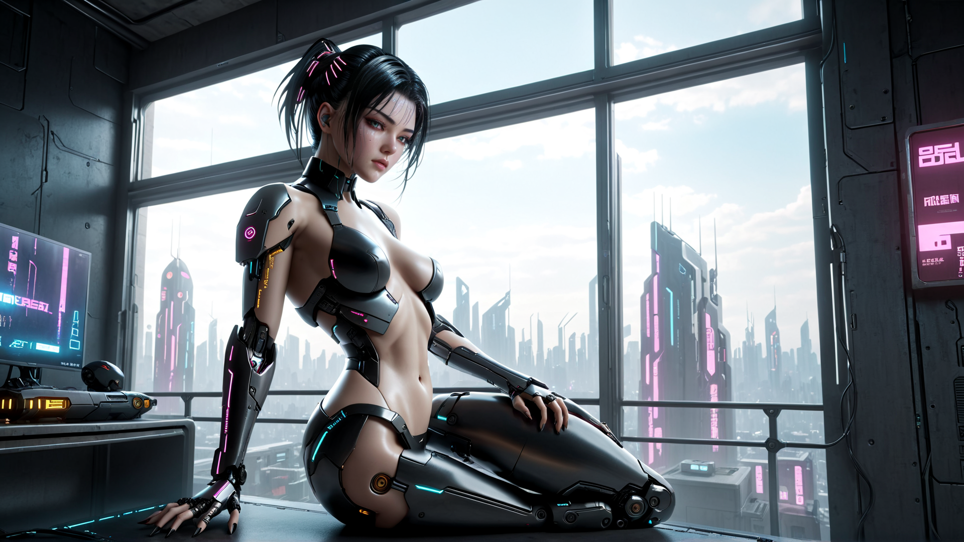 AI generated wallpaper featuring cyborg, woman, city