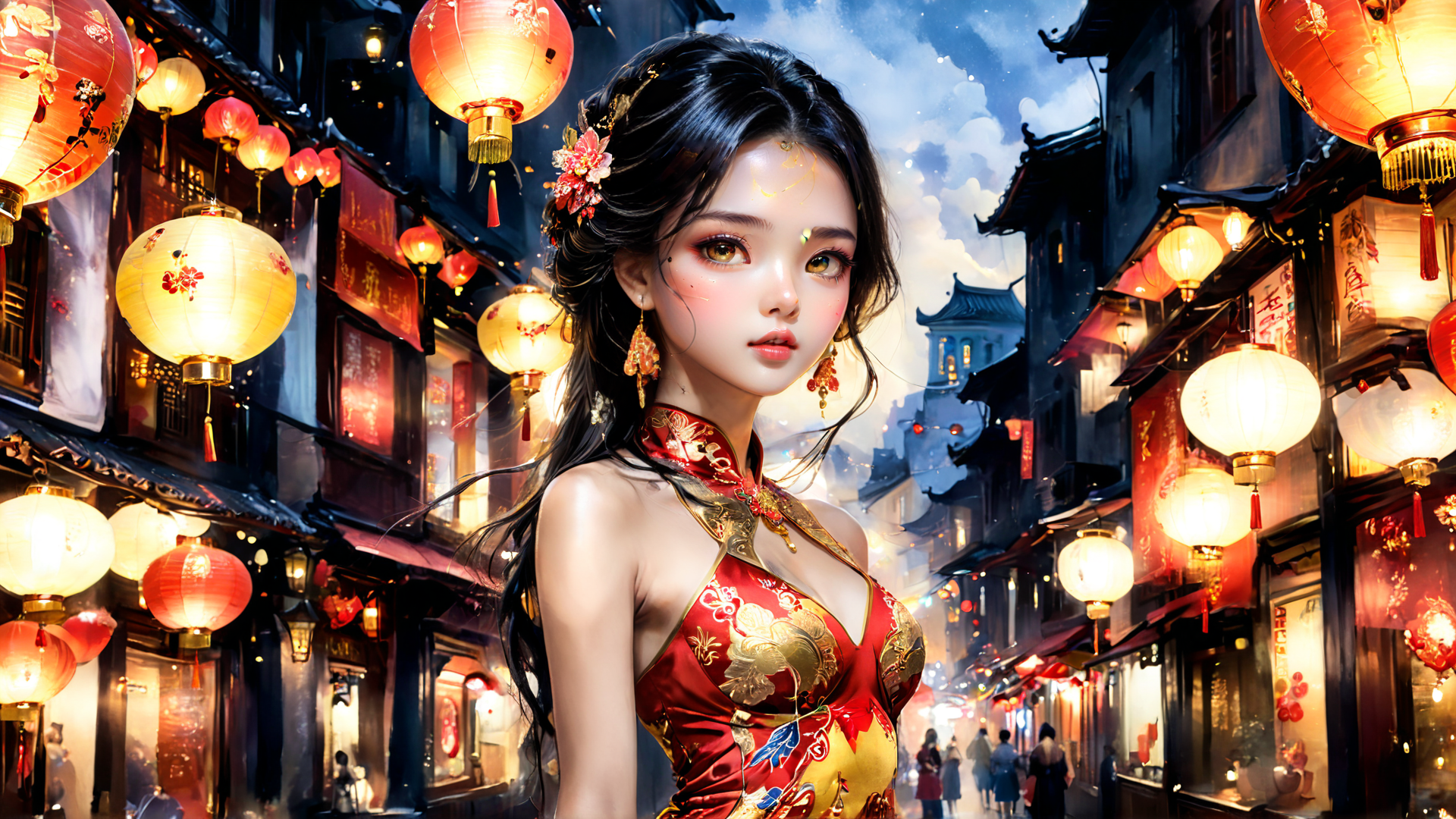 AI generated wallpaper featuring woman, lanterns, street