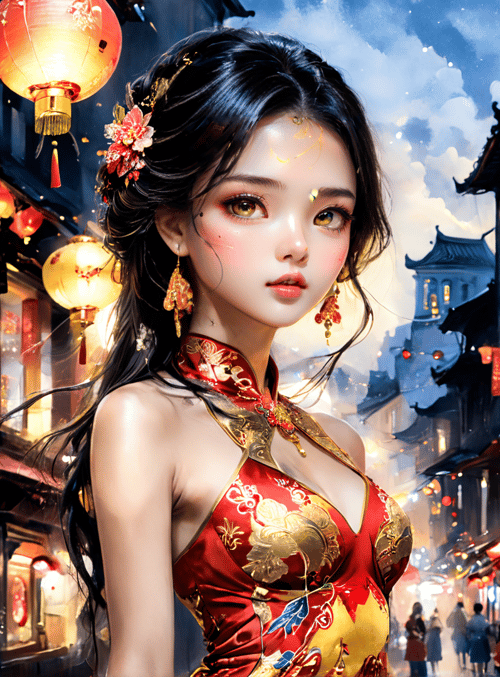 woman, lanterns, street