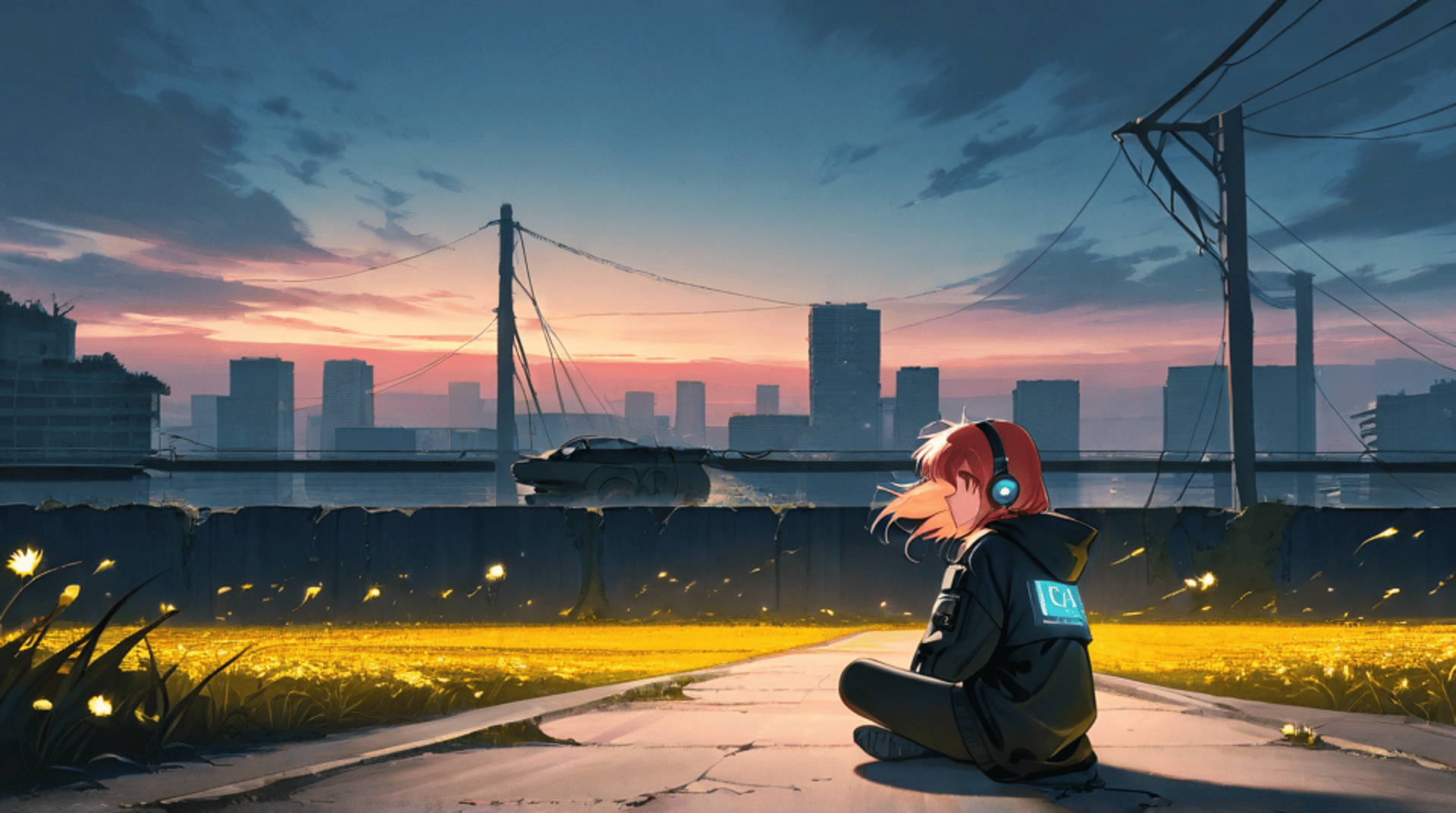 AI generated wallpaper featuring girl, cityscape, fireflies