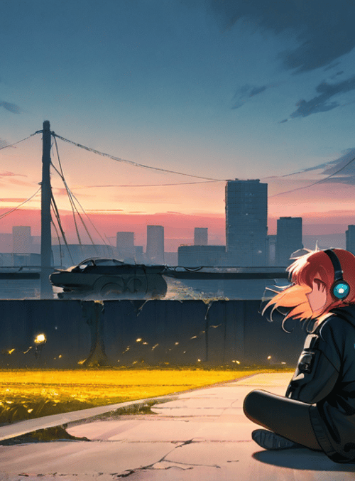 girl, cityscape, fireflies